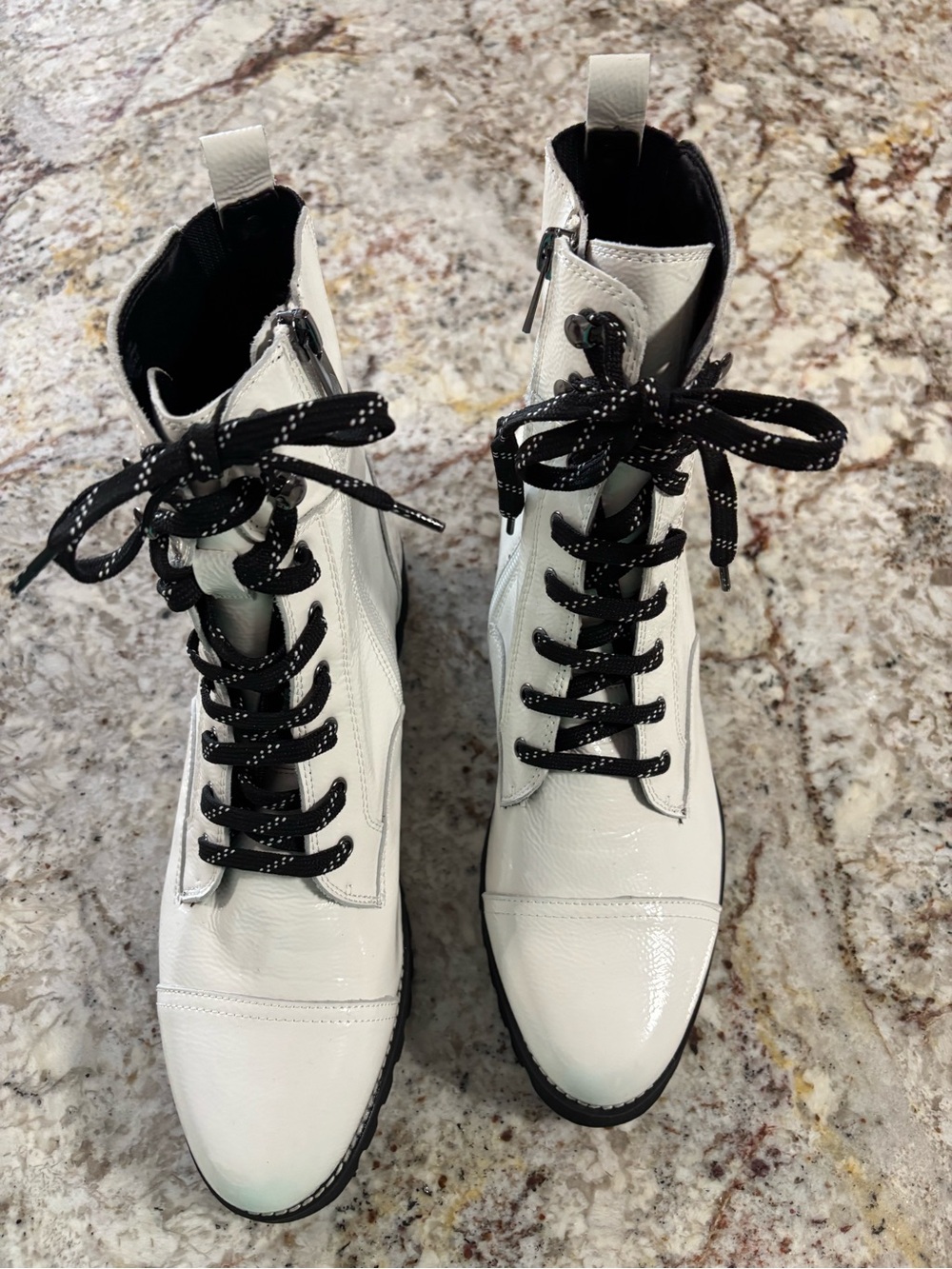 Donald J. Pliner White Lace-Up Combat Boots with Black Laces